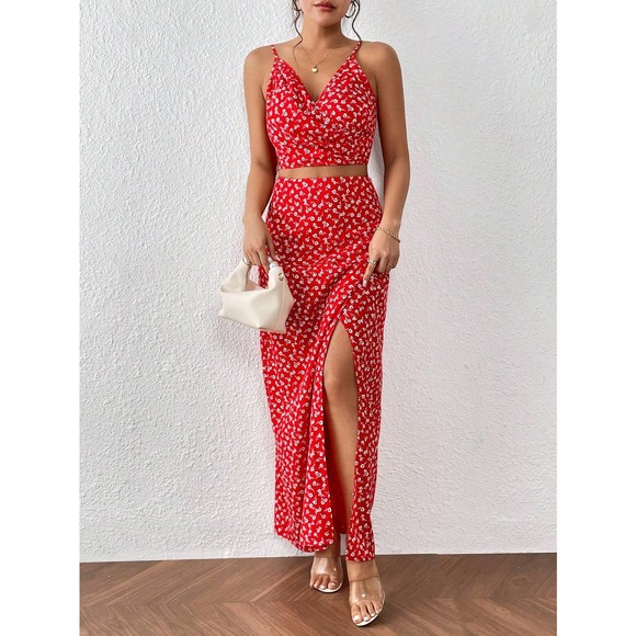 ❗️2 piece skirt set: boho Floral Print Cami Top & Split Thigh maxi Skirt - Picture 8 of 8